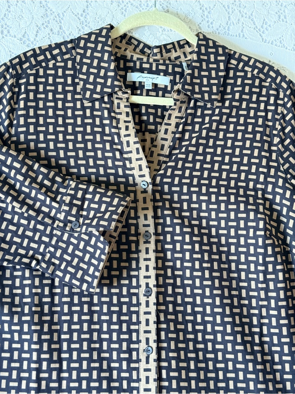 Foxcroft Harper Basketweave Black Cream Geometric Button-Down Shirt Plus 14W - Picture 2 of 10